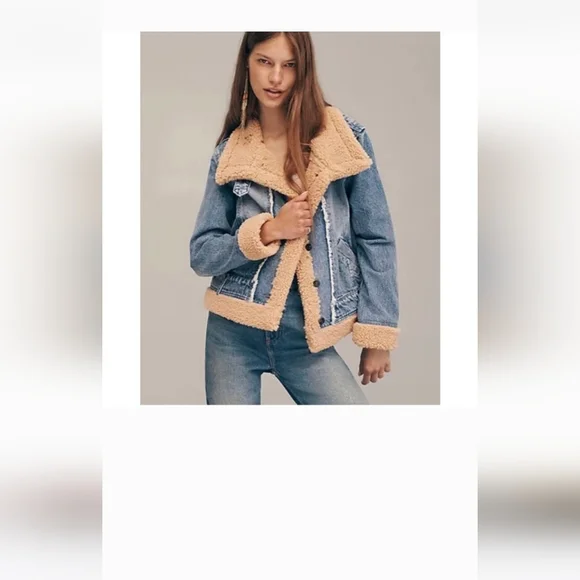 Free People Rylee Cozy Moto Sherpa Faux Fur Denim Jacket Womens - Picture 4 of 9
